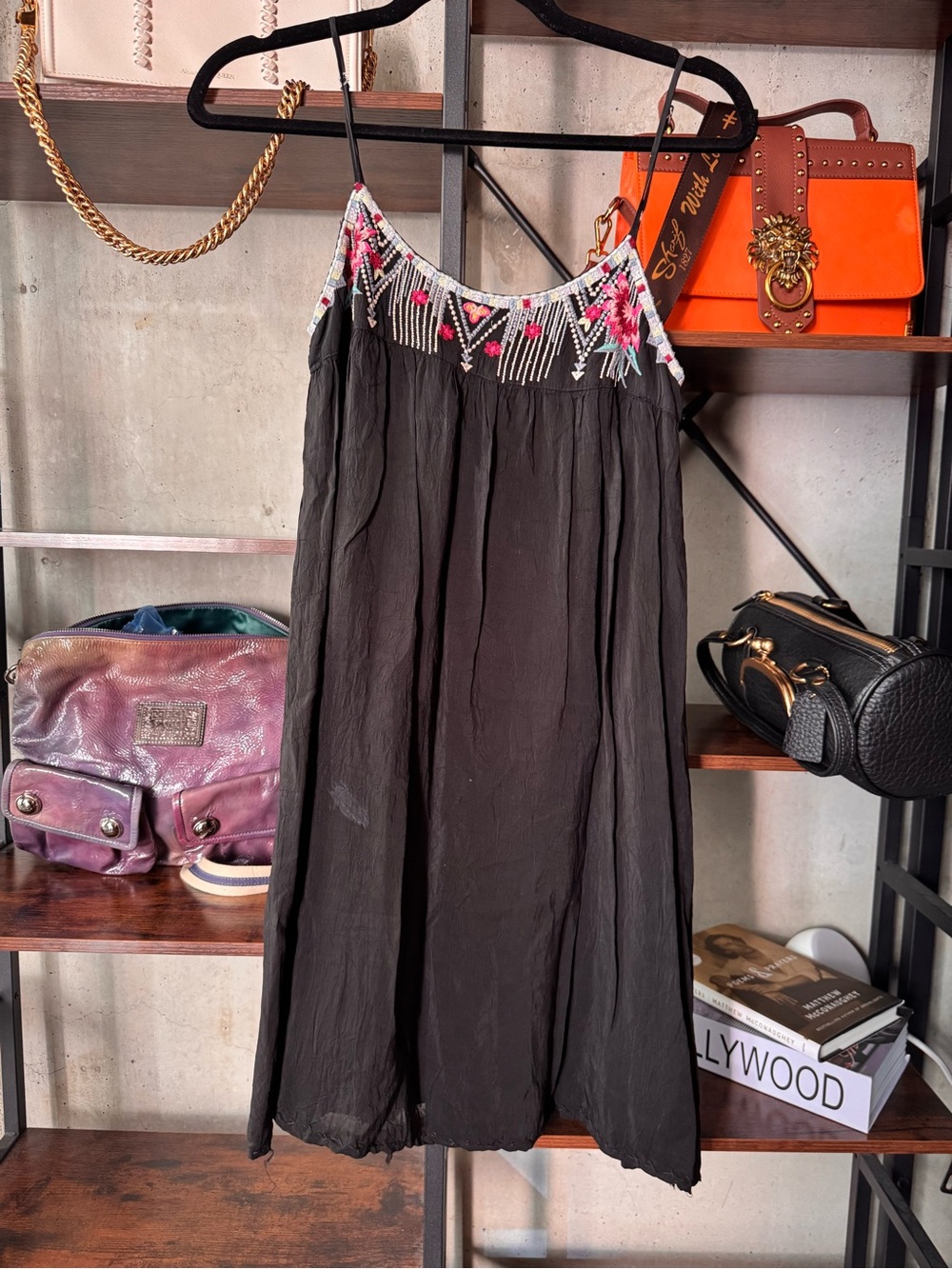 Johnny Was Black Midi Slip Skirt with Pink & White Floral Embroidery